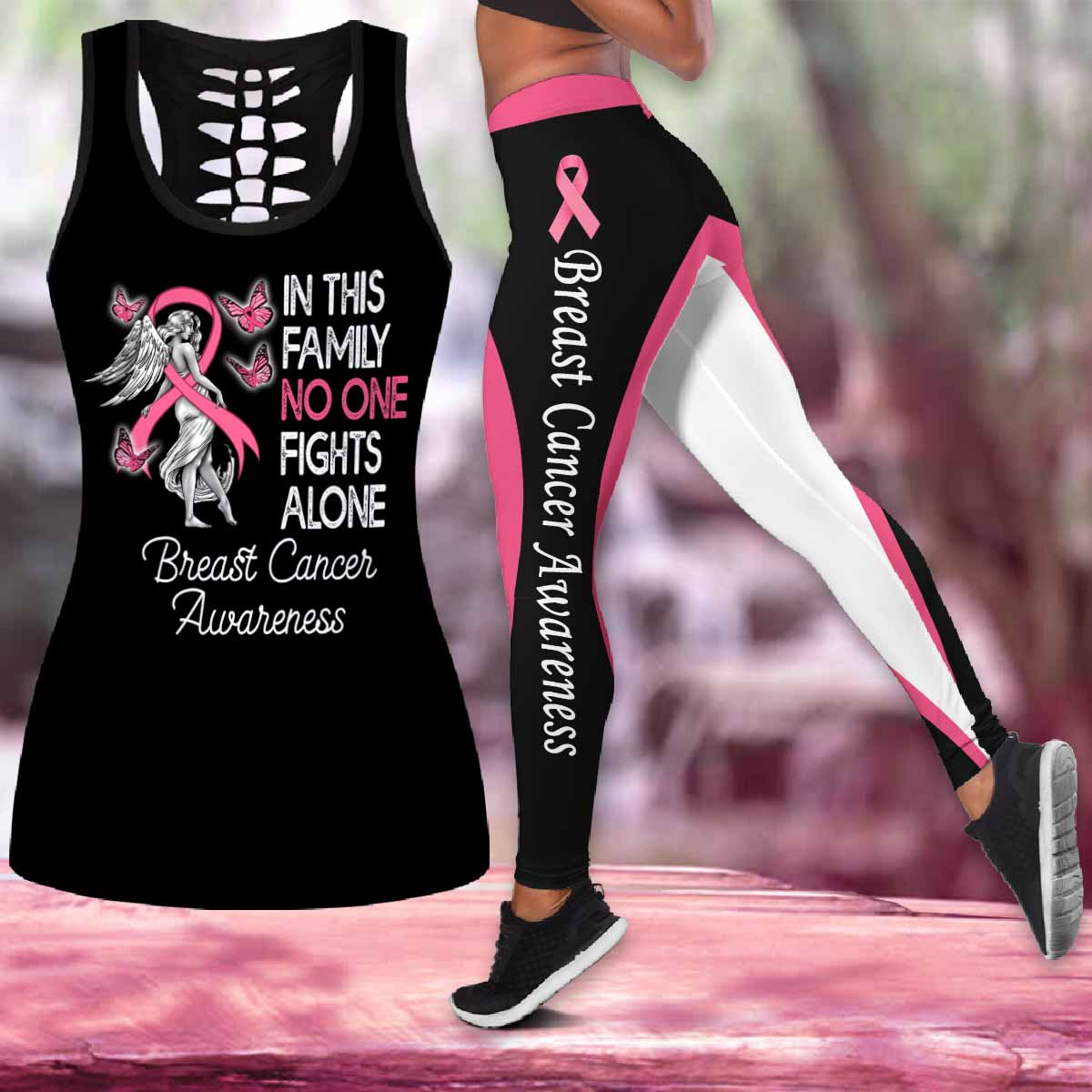 No One Fights Alone Tank Top Breast Cancer Awareness Family Cure Sleeveless 